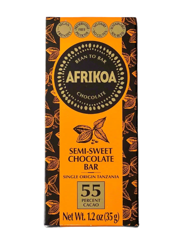 Afrikao semi-sweet chocolate bar packaging on a white background