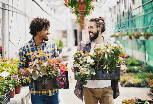 Two people in a greenhouse holding crates of flowers and plants.