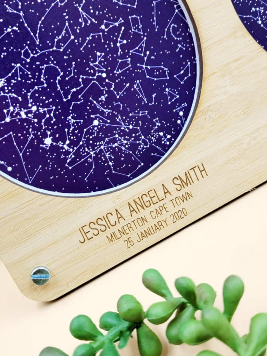 Custom star map with wooden frame displaying constellations and engraved personal details. Ideal for special occasions and gifts.