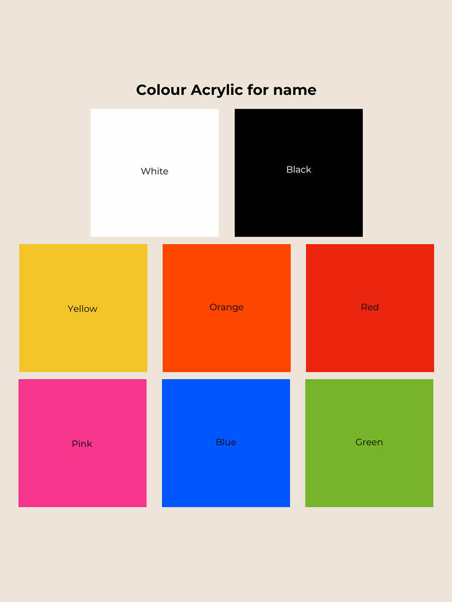 Acrylic color options for personalised kids' growth chart name: white, black, yellow, orange, red, pink, blue, green.