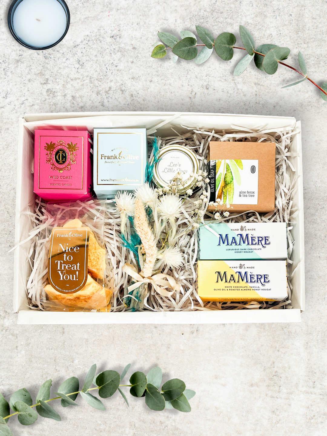 Luxury snack gift box for her featuring artisanal treats with elegant packaging, ideal for special occasions and memorable moments.