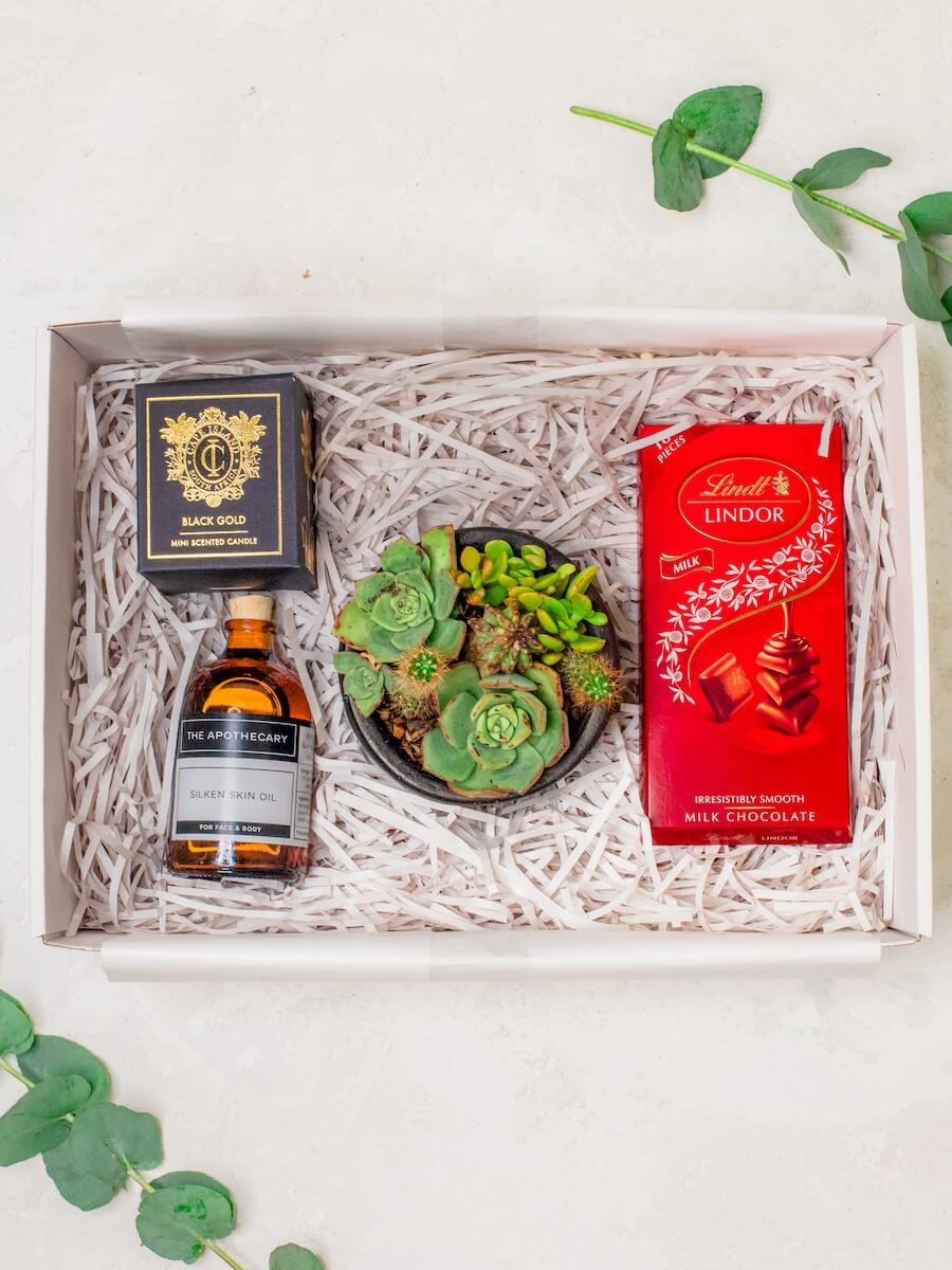 A gift box containing a skin oil, a classic candle in a glass holder, a mini cactus garden, and a milk chocolate bar.