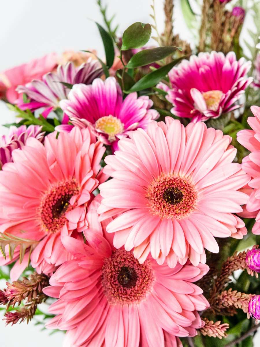 Mixed gerbera bouquet with light and dark pink daisies and green foliage, symbolizing love and joyfulness. Ideal for expressing gratitude.