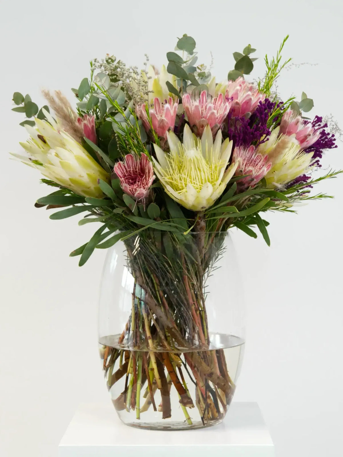 Vase with a striking arrangement of proteas, pincushions, eucalyptus, and fynbos, celebrating South African women's strength and beauty.