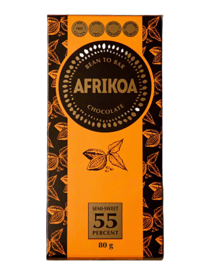 AFRIKOA chocolate bar packaging with orange and black design
