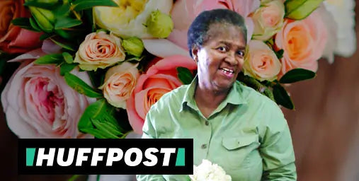 Person in a green shirt with flowers and 'Huffpost' logo