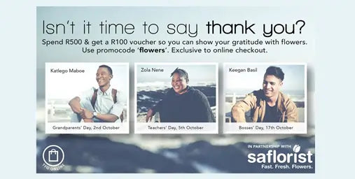 Advertisement for Saflorist with promotional text and images of people, featuring a blue gradient background.