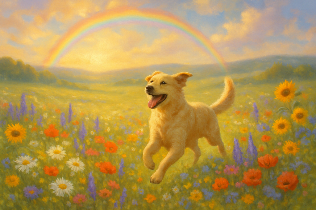 A dog playing in a field, inspired by the poem Rainbow Bridge