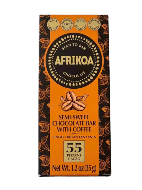 Afrikao chocolate bar packaging with orange and black design on a white background