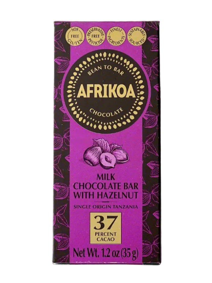 Purple chocolate bar packaging with Afrikoa branding on a white background