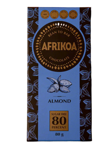 Afrikoa almond chocolate bar packaging on a white background