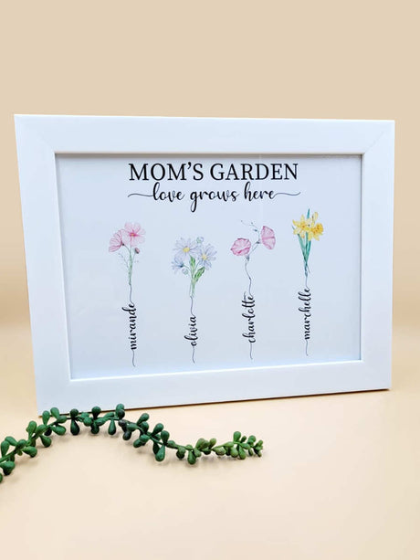 Personalised Birth Month Flower Art print in white frame, featuring birth flowers with names, ideal for birthdays and special occasions.