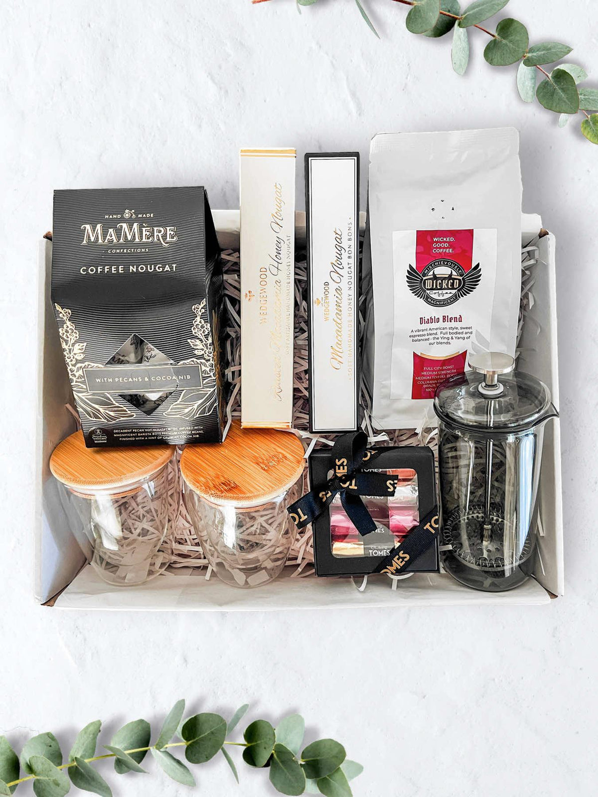 Premium Coffee Nougat Gift Box with mugs, milk frother, and gourmet treats, perfect for South African coffee lovers.