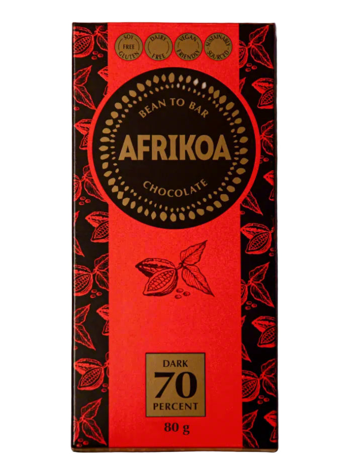 Afrikao chocolate bar packaging with red and black design on a gray background