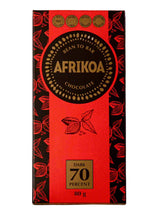 Afrikao chocolate bar packaging with red and black design on a gray background