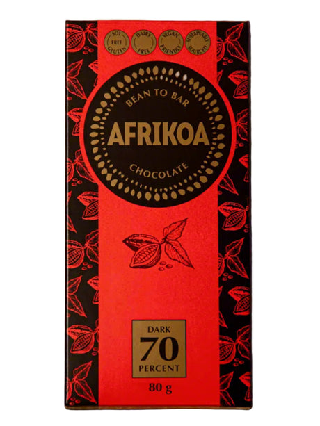 Afrikao chocolate bar packaging with red and black design on a gray background