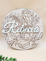 Personalised floral wooden plaque with "Rebecca" engraved, featuring intricate floral designs. Perfect heartfelt gift in oak veneer.