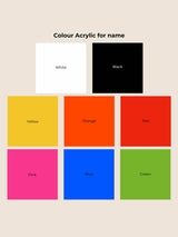 Acrylic color options for personalised kids' growth chart name: white, black, yellow, orange, red, pink, blue, green.