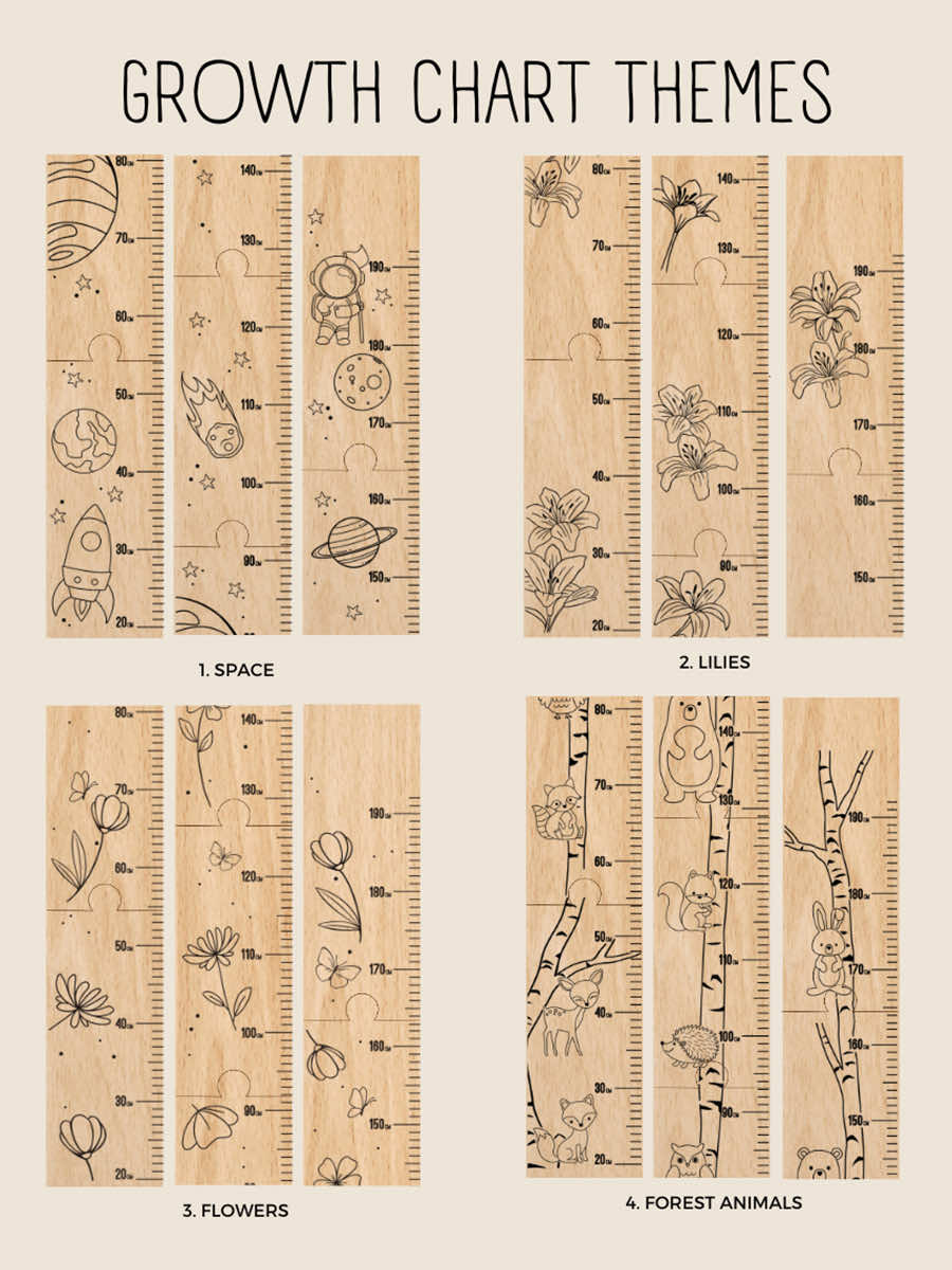 Veneer wood kids' growth chart with themes: space, lilies, flowers, and forest animals. Personalise with acrylic name. Perfect nursery decor.