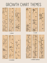 Veneer wood kids' growth chart with themes: space, lilies, flowers, and forest animals. Personalise with acrylic name. Perfect nursery decor.