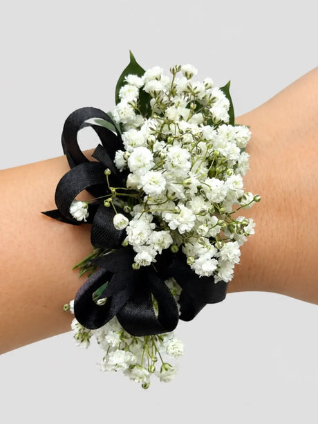 Wrist Corsage with Gypsohila (babies Breath), Ribbon, and Greenery