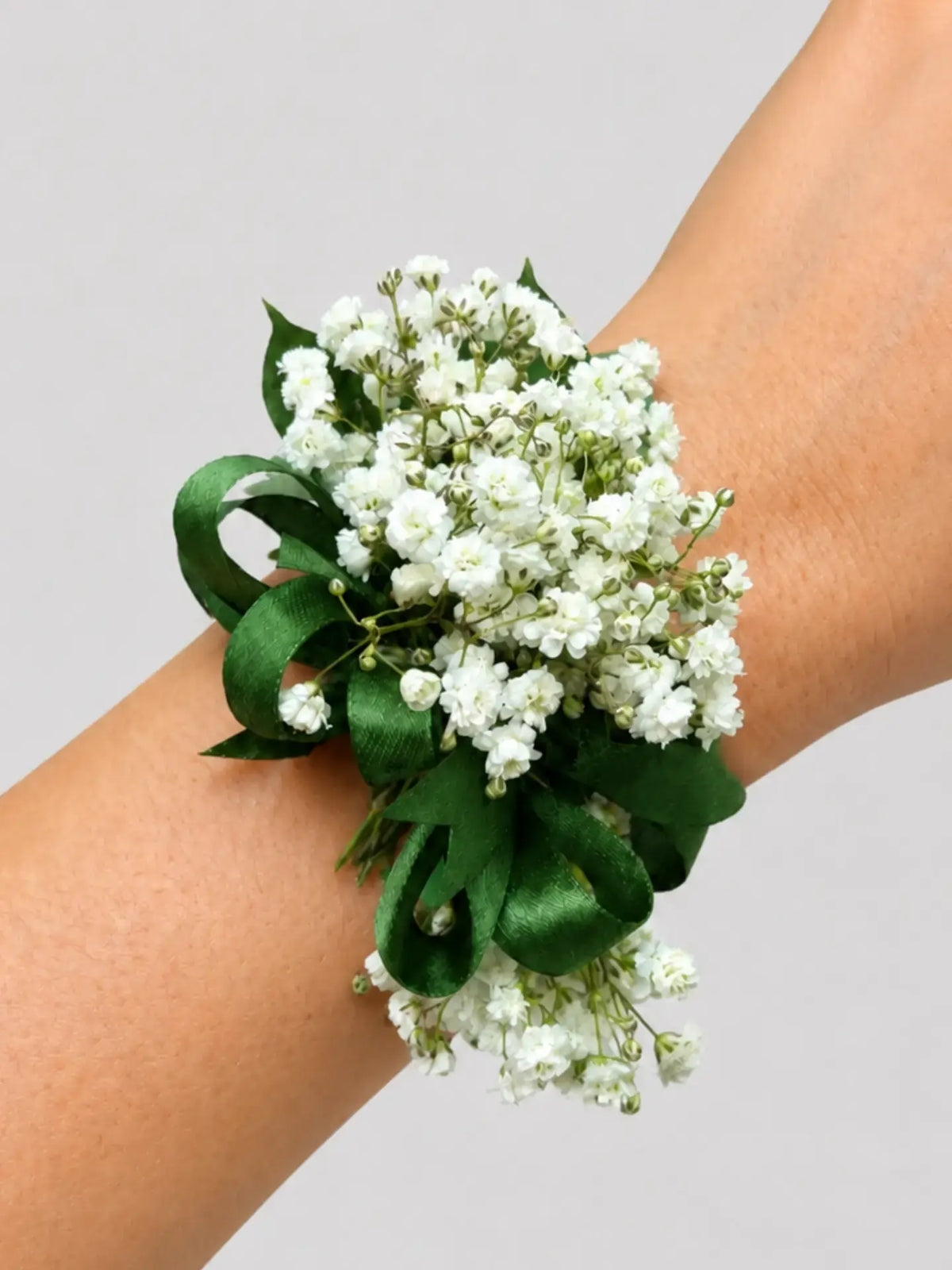 Wrist Corsage with Gypsohila (babies Breath), Ribbon,and Greenery