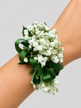 Wrist Corsage with Gypsohila (babies Breath), Ribbon,and Greenery