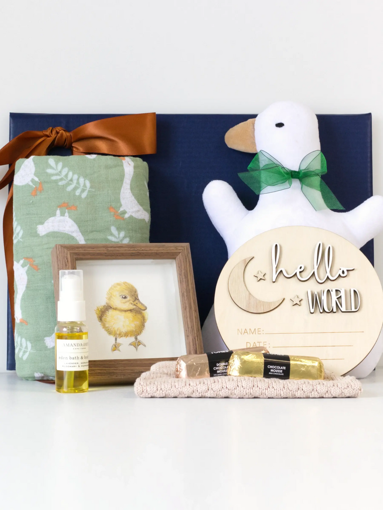 A beautifully arranged baby gift set featuring a soft plush duck toy with a green bow, a green cotton swaddle with white duck prints tied with a brown satin ribbon, a framed watercolour painting of a yellow duckling, a wooden “Hello World” announcement disc, a small bottle of botanical oil, two gold-wrapped TOMES chocolates, and a knitted beige cloth, all styled against a navy blue background.