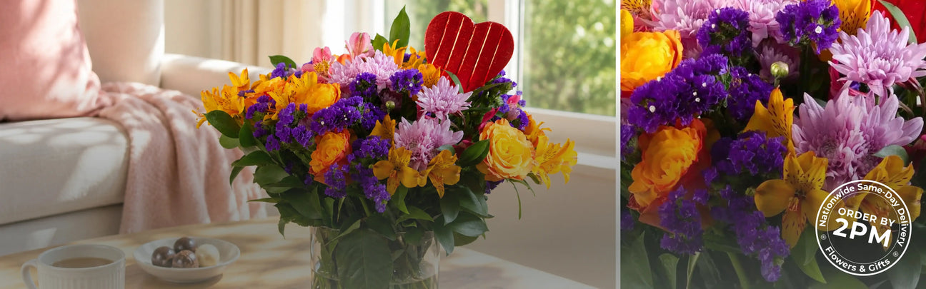 Colorful bouquet of flowers on a table with a close-up of the flowers in the corner.