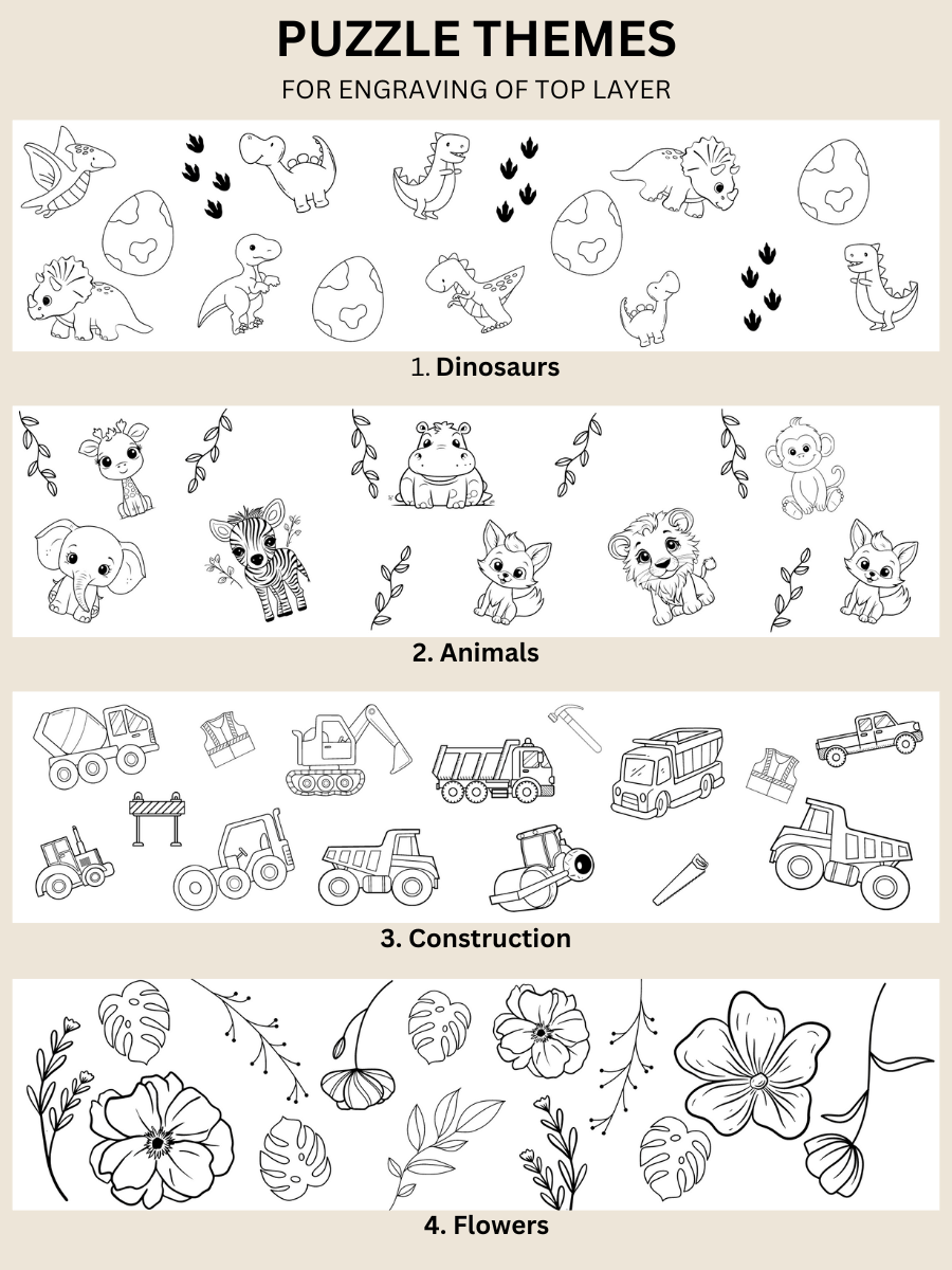 Illustration of personalised puzzle themes for kids: dinosaurs, animals, construction vehicles, and flowers for engraving.