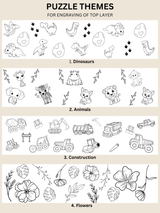 Illustration of personalised puzzle themes for kids: dinosaurs, animals, construction vehicles, and flowers for engraving.