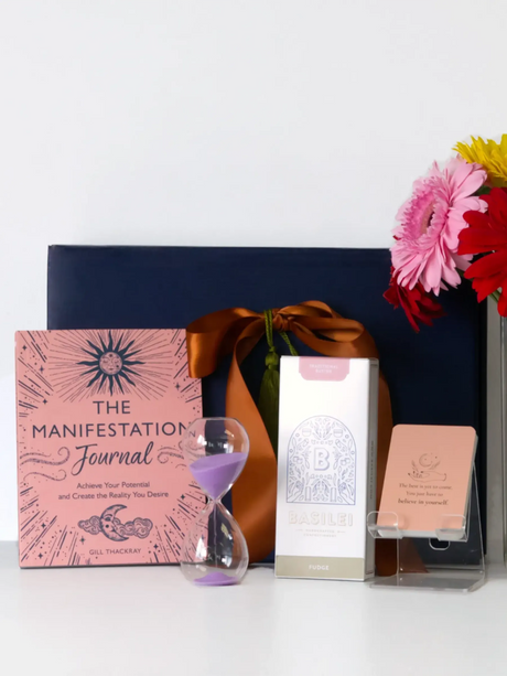 Pause Ritual Gift Set featuring journal, sand timer, and flowers. Ideal for mindfulness, reflection, and self-care.
