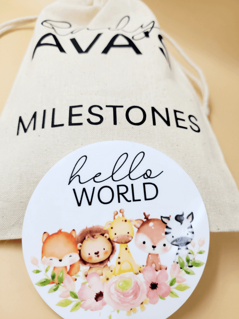 Personalised "Hello World" disc with baby animal illustrations and a personalised cotton drawstring bag for storage 