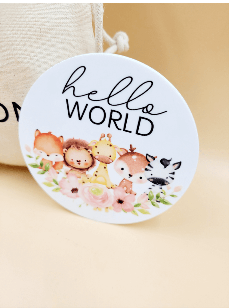 Close up on "Hello World" baby animal illustration personalised disc in the Personalised Baby Milestone Disc Set