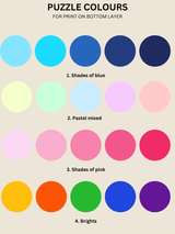 Color palette for bottom layer printing of puzzles, showing shades of blue, pastel, pink, and bright colors.
