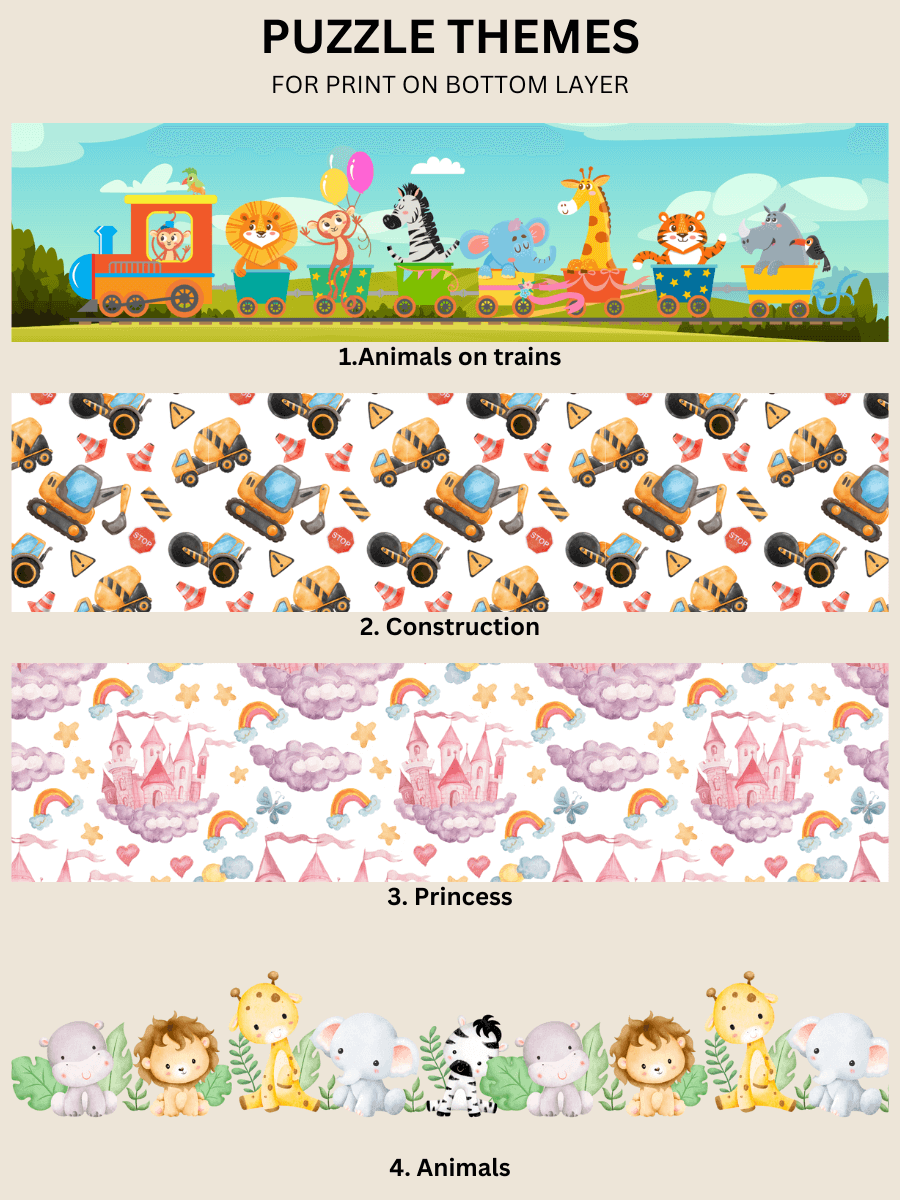 Puzzle theme options: Animals on trains, Construction, Princess, and Animals. Ideal for personalised kids' name puzzles.