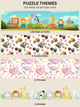 Puzzle theme options: Animals on trains, Construction, Princess, and Animals. Ideal for personalised kids' name puzzles.