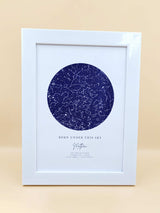 Personalised star map in white frame, titled 'Born Under This Sky', displaying a custom night sky for a unique date and location.