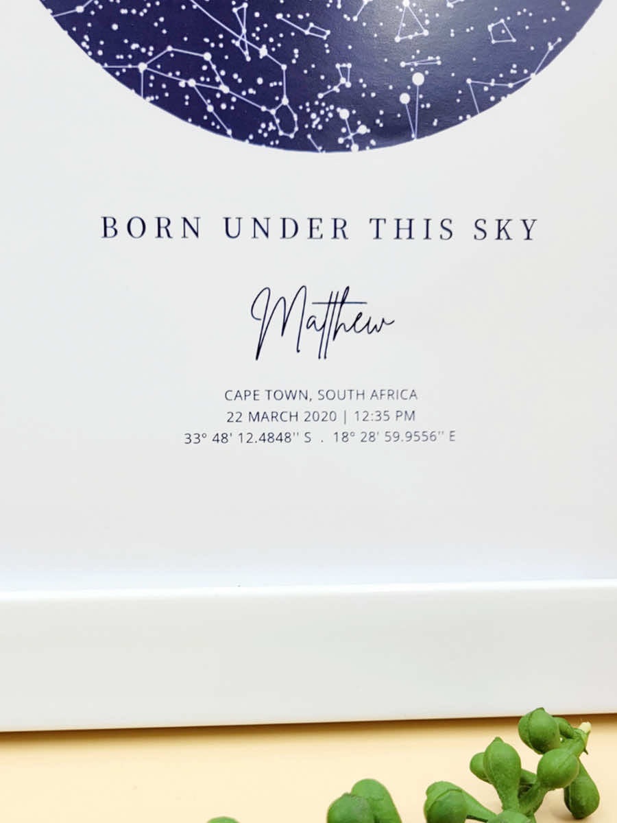 Personalised star map gift capturing sky over Cape Town on March 22, 2020, with custom name and coordinates.