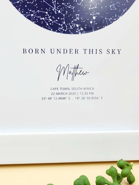 Personalised star map gift capturing sky over Cape Town on March 22, 2020, with custom name and coordinates.