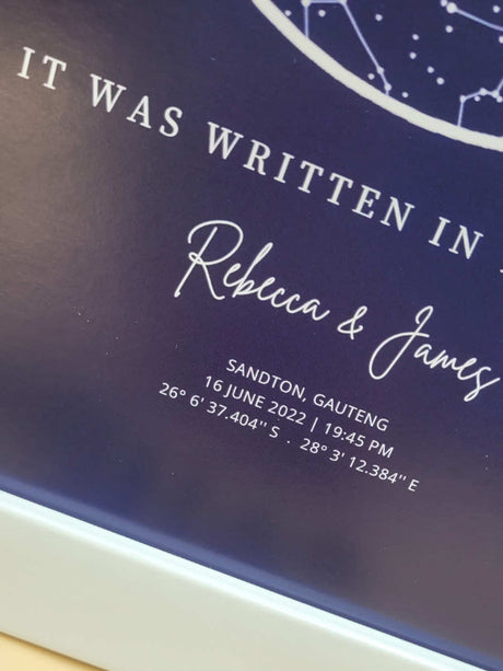 Close-up of a personalised star map print featuring a special date, location, and coordinates, perfect for anniversaries or keepsakes.