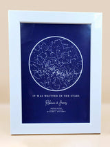 Framed personalised star map print titled 'It Was Written in the Stars' showcasing constellations against a navy background.