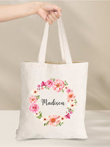 Personalised eco-friendly cotton tote bag with floral design and customizable name, perfect for gifts and everyday use.