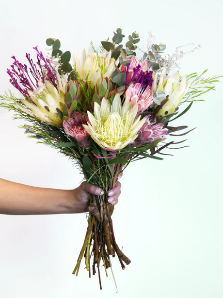 Bouquet of protea and fynbos flowers with eucalyptus, honoring South African women. Ideal gift arrangement for Women's Day.