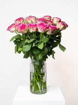 Elegant bouquet of pink roses in a glass vase, perfect for expressing love and admiration, adding retro charm to any room decor.