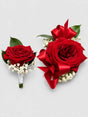 Two red rose bouquets with ribbons on a light gray background