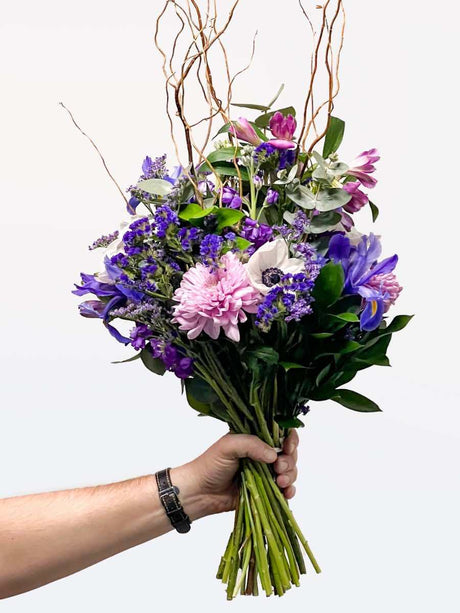 Bloomable Resilience Bouquet with purple alstroemeria and sturdy willows, symbolizing strength and tenderness, South Africa.