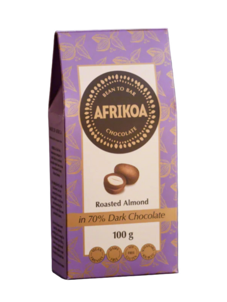 Chocolate packaging with Afrikoa branding on a gray background
