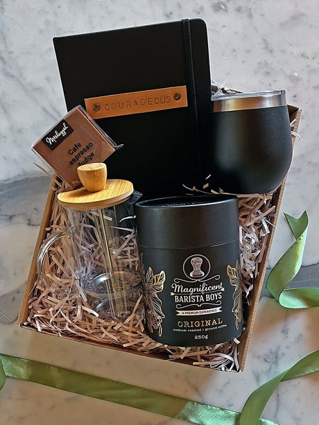 The Bold Bru coffee gift box with rich coffee, stylish essentials, and a black courageous notebook for a bold lifestyle.
