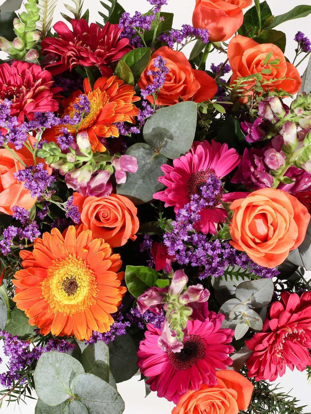 Close-up of Bloomable's Celebration Bouquet featuring vibrant orange roses, pink and orange gerbera daisies, pink chrysanthemums, purple statice, and silver-green eucalyptus leaves. A luxurious floral arrangement available for same-day delivery across South Africa.
